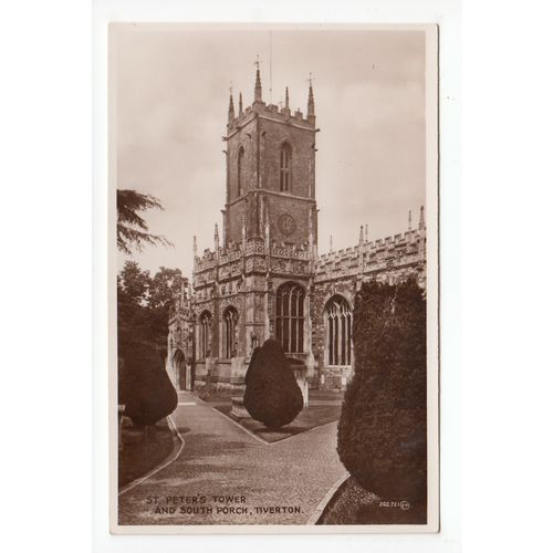 St Peter's Church Tower and South Porch Tiverton Postcard RP Devon