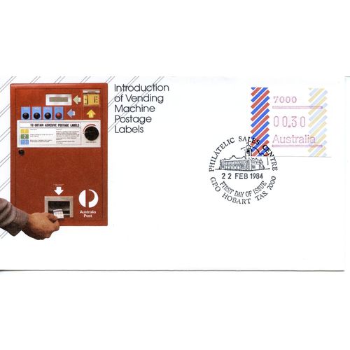 AUSTRALIA 1984 FDC FRAMA Vending Machine Labels Full Set of 7 x 30c Barred Edge