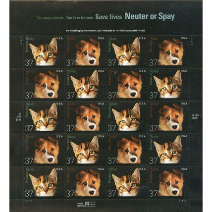 Neuter or Spay Sheet of Twenty 37 Cent Postage Stamps Scott 3671a