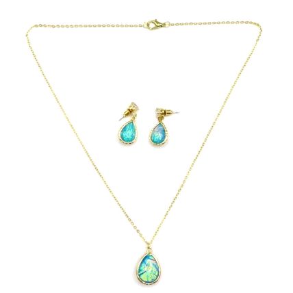 Blue Opalescent Drop & Necklace with Drop Earrings Set Gold Coloured Gift