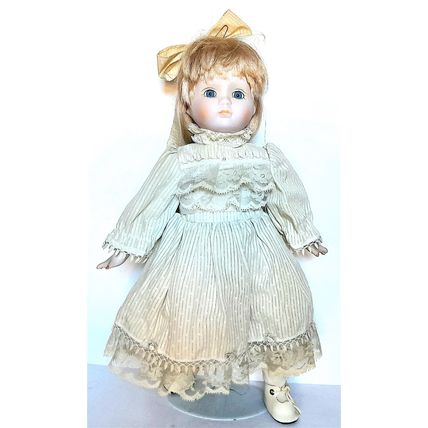 A PORCELAIN DOLL - SALLY - BLONDE HAIR - COTTON DRESS - 41 cm tall VERY GOOD