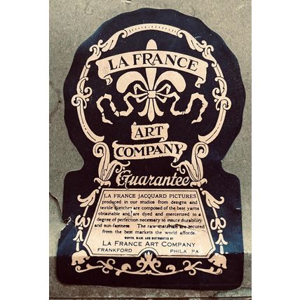 La France Art Company Needlepoint Textile Early 1900s Colonial Man and Houses