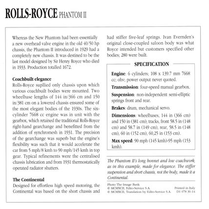 Collectors Club card. Classic Cars. Rolls Royce Phantom II