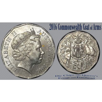 Australia 2016 50c Coat of Arms 'Die Chips on QE's Fringe/Forehead' - Circulated