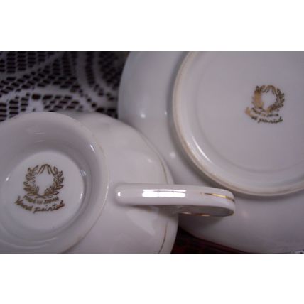 Marked in Gold MADE IN JAPAN Hand Painted Black & White Footed Teacup & Saucer