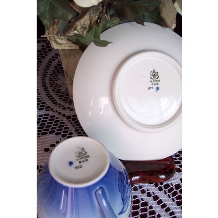 Bing Grondahl Christmas Rose 102 Teacup & Saucer Delft Blue Colors Embossed Rose