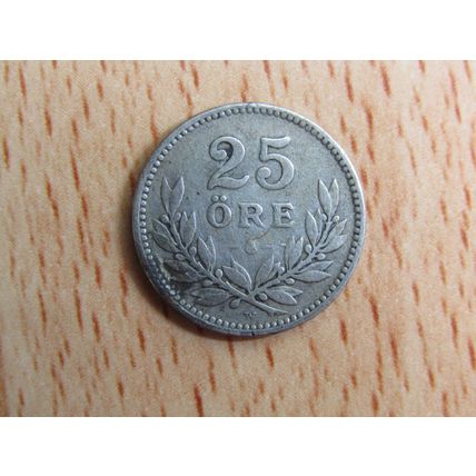 Sweden 1914 Silver 25 Ore Coin