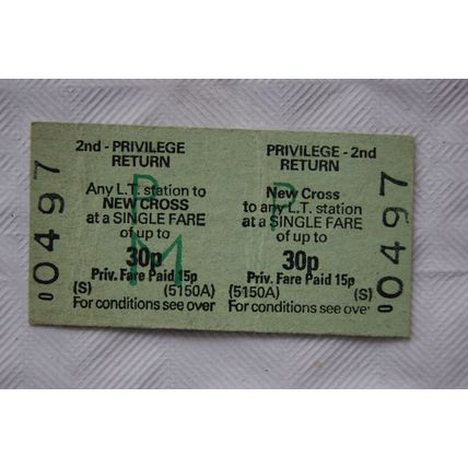 1985 British Railways Board ticket 2nd privilege single New Cross to any LT