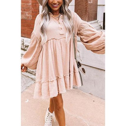 Oatmeal Crinkle Distressed Puff Sleeve Flared Dress