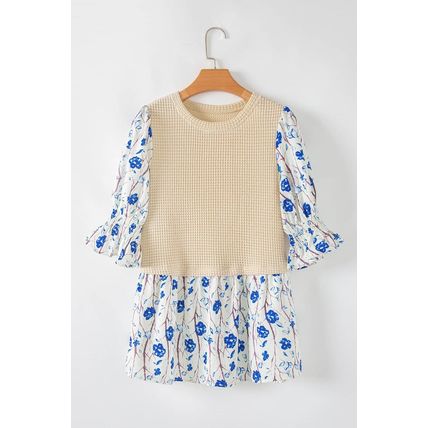 Beige Waffle Floral Patchwork Short Flounce Sleeve Peplum Blouse
