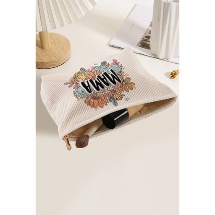 White MAMA Flower Print Corduroy Large Cosmetic Bag