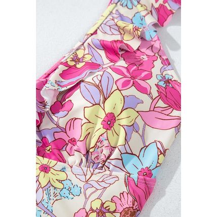 Pink Floral Ruffle Trim V Neck Lace-up Back Tummy Control One Piece Swimsuit