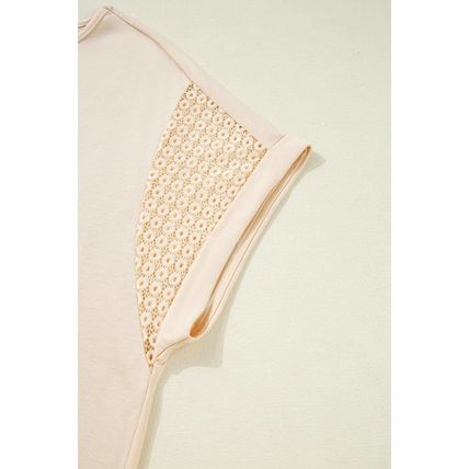 Parchment Lace Patchwork Short Sleeve Round Neck Plus Size Summer Top