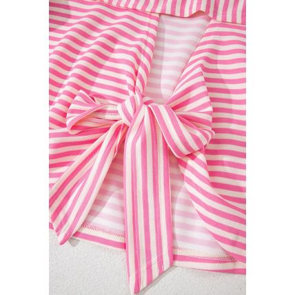 Pink Stripe Bowknot Cutout Back Drop Shoulder Wide Bracelet Sleeve Loose Tee
