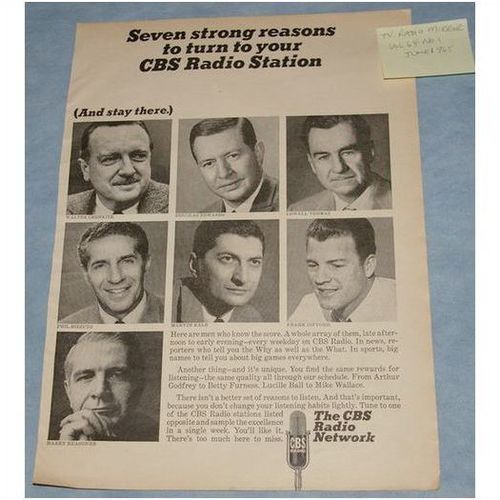 1965 Ad Page CBS Radio Network Walter Cronkite Frank Gifford+