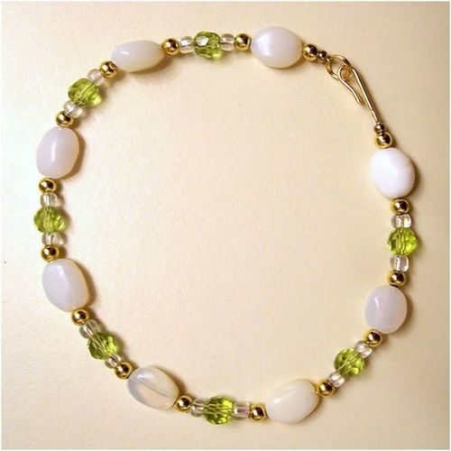 Anklet pearlescent beads + green crystals gold plating 9.75 inch ladies jewelry