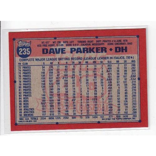 1991 Topps Dave Parker baseball card #235 – Brewers