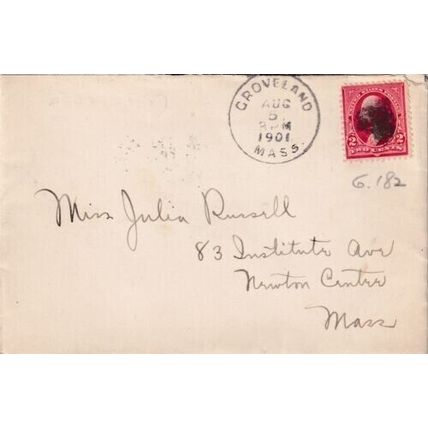 United States 1901 Groveland MA-Newton Centre MA Cover Groveland cancel written