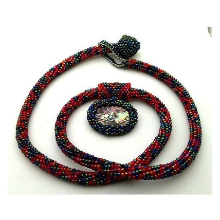 Red Black Bead Crochet Rope Choker Paua Shell Pendant 9