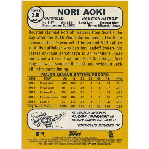 2017 Topps Heritage Baseball 300 Nori Aoki Houston Astros