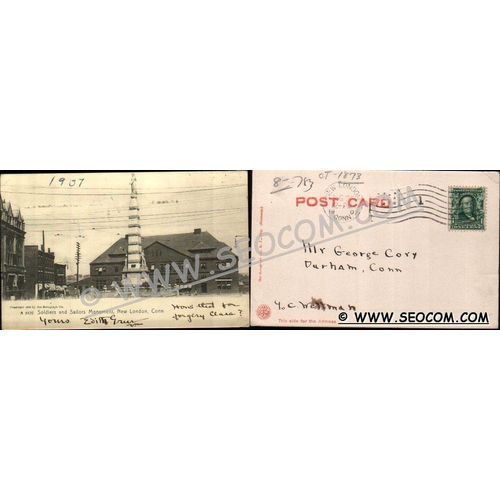 CT New London Postcard Soldiers & Sailors Monument w/Horses & Wagons Undiv~1873