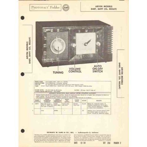 ARVIN model 848 849T AM radio receiver clock Sams Photofact manual