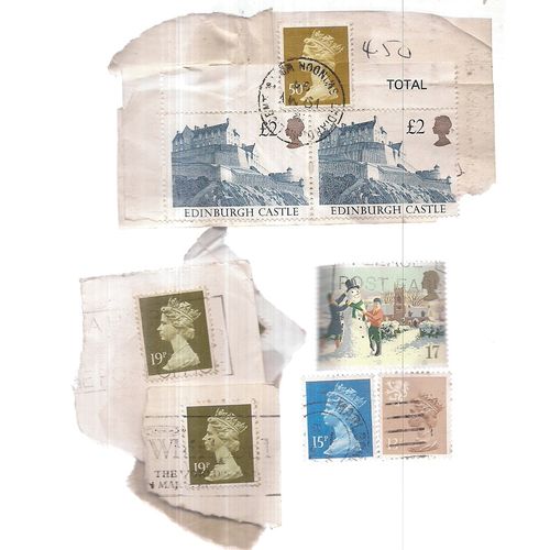 2 X £2 Edinburgh Castle stamps + 8 others on paper Great Britain =