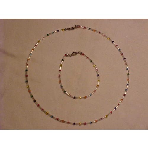 Rainbow Glass Bead Necklace Bracelet Set of 2 Multi-Color Beads Tube Beads 18"