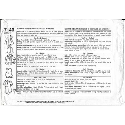 Simplicity 7140 Sewing Pattern Decorative Stuffed Elephants 2 Sizes with Clothes
