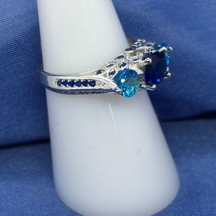 Ring 925 Sterling Silver Dark Blue Aqua Crystals #225 USA Seller