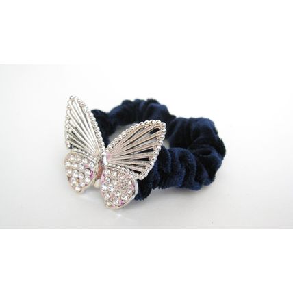 Butterfly blue gray teal hair tie pony tail holder scrunchie with crystals