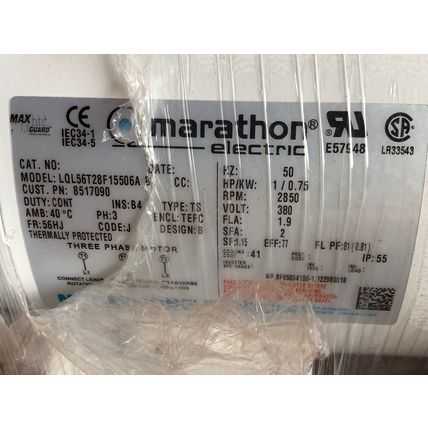 MARATHON ELECTRIC 8517090 THREE PHASE MOTOR,1HP,MARATHON LQL56T28F15506A B,AV