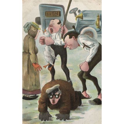 German Soldier Attacked Old Spectacles Transport Military Comic Postcard