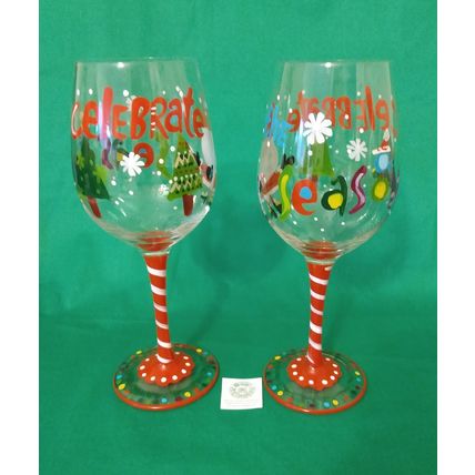 PAIR of HANDPAINTED PIER 1 CELEBRATE THE SEASON CHRISTMAS SANTA 9" WINE GLASSES