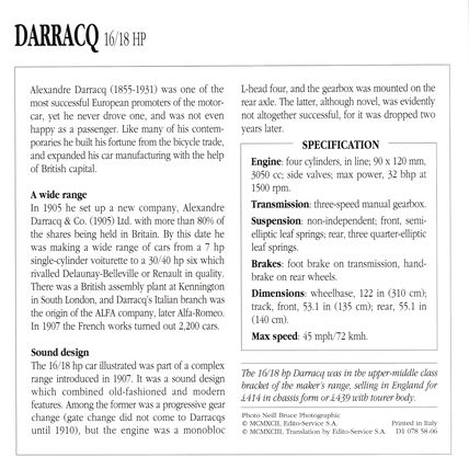 Collectors Club card. Classic Cars. Darracq 16/18 HP