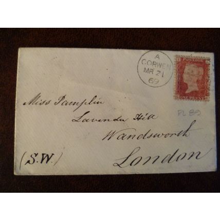 1869 GB QV 1d Red stamp 89 cover Corwen Pamplin Lavender Hill Wandsworth London
