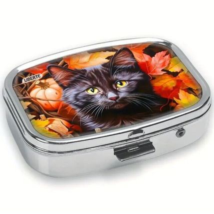 Pumpkin Black Cat Themed Metal Pill Trinket Box Travel-Friendly