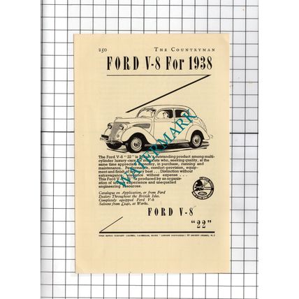 Ford V-8 22 Car Advert - 1938 Small Clipping