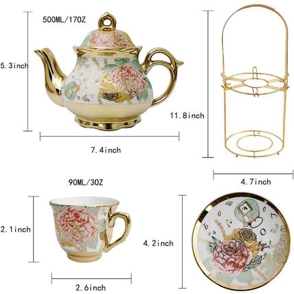CHANJOON Gold Plated Red Rose Ceramic Tea Set, Vintage Tea Set with Teapot, Beau