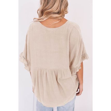 Apricot Ruffled Lace Detail Loose V Neck Top