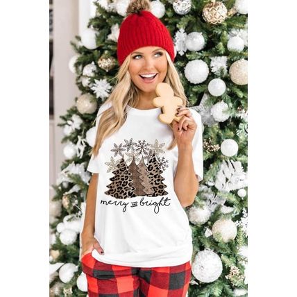 White Leopard Christmas Tree Graphic Print Crew Neck T Shirt