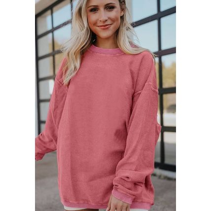 Strawberry Pink Ribbed Corded Oversized Sweatshirt