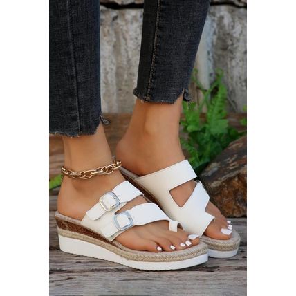 White Buckled Straps Slip-on Wedge Slippers