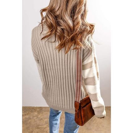 Khaki Cable Knit Colorblock Crew Neck Drop Shoulder Sweater