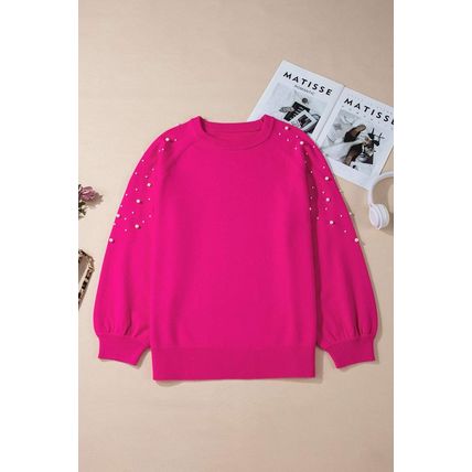 Strawberry Pink Pearled Decor Raglan Sleeve Plus Size Sweater
