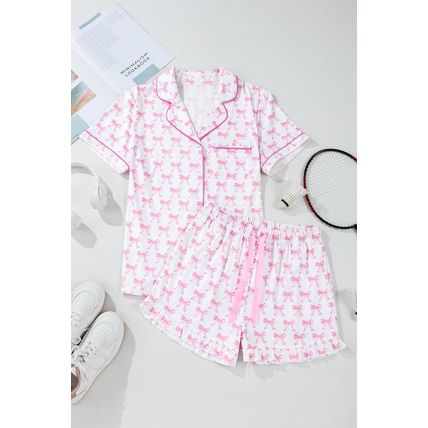 Pink Bowknot Printed Short Sleeve and Ruffled Shorts Valentines Pajama Set