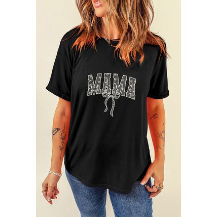 Black Bowknot MAMA Embroidered Crewneck Mothers Day T Shirt