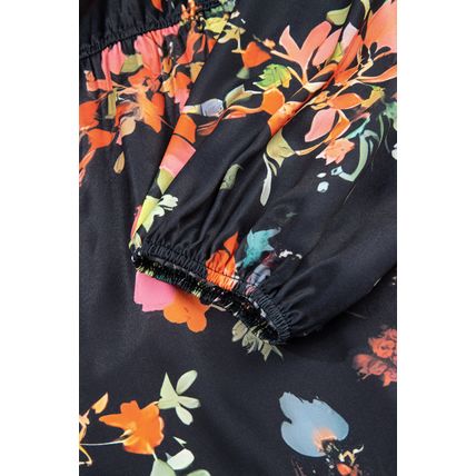 Black Plus Size Floral Print Tie Neck Cinched Waist Long Sleeve Mini Dress