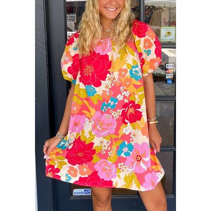 Pink Floral Print Bubble Short Sleeve Dress