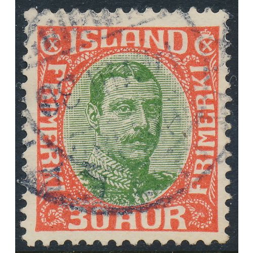 Iceland Facit 138/Scott 122, 30 aur red/green Christian X, F-VF used stamp
